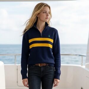 Polo Ralph Lauren Navy 1/4 Zip Cotton Knit Coastal Striped Preppy Nautical Vibes